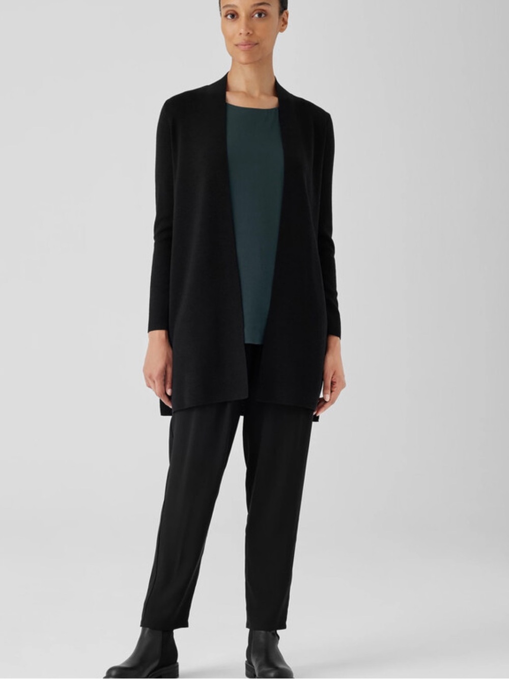 Eileen Fisher Classic 100% Wool Black Long Open Cardigan w/ Shoulder pads